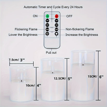 Remote controlled LED candle set with battery operated candles in three different sizes (10.16cm, 12.7cm, 15.24cm) and timer function. Ideal for home decor, parties, and festive occasions.