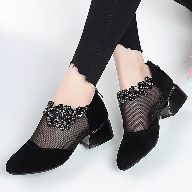 Women's Rhinestone Mesh Block Heel Zipper Dress Shoes