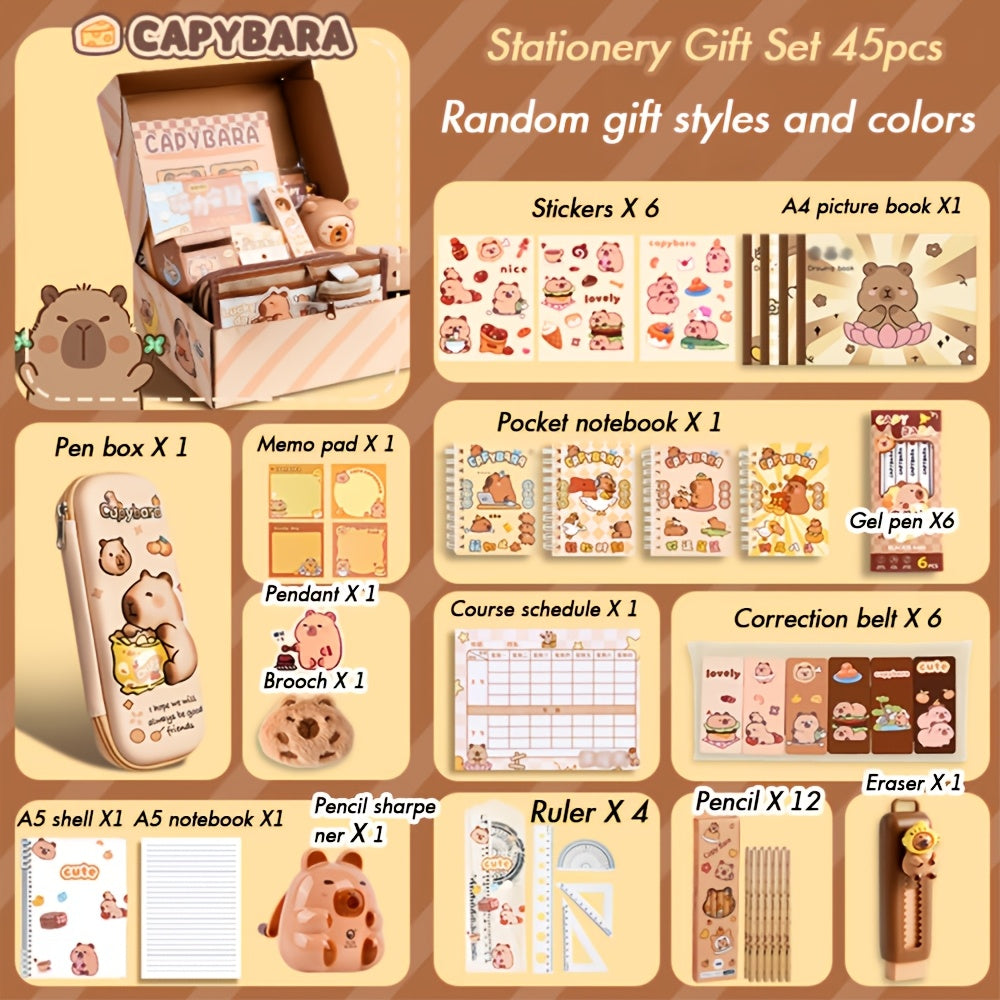 Capybara-themed stationery gift set with notebooks, pens, paper clips, and accessories in a tote bag for students, animal lovers, and student rewards.