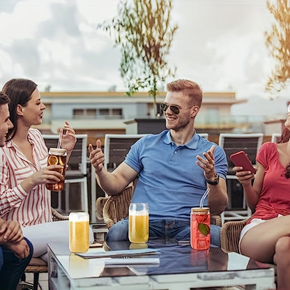 Glass cups with bamboo lids and straw, beer can shaped, 16 oz capacity for various drinks.