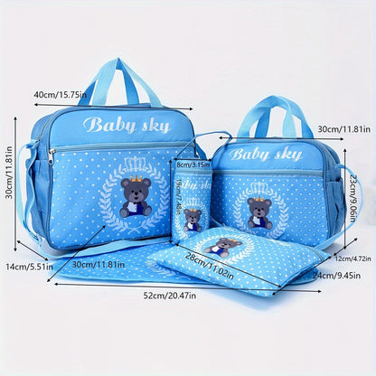 Five-piece set of fashionable bear-printed mommy bags with large capacity, featuring a multifunctional design for carrying as a one-shoulder messenger bag or diaper bag.