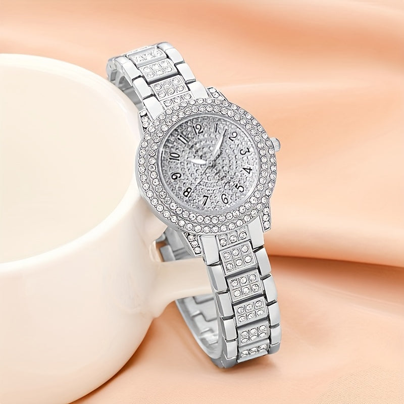 Set includes 7 chic women's fashion accessories: watch, necklace, bracelet, ring, and earrings with alloy band and non-rechargeable battery.