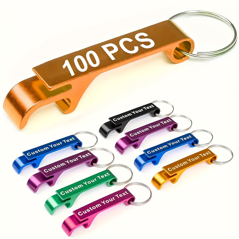 100 customized metal bottle opener keychains, perfect for weddings, birthdays, and bachelor parties. Also great for holiday gifts like Christmas, Halloween, Hanukkah, Thanksgiving, and Valentine's Day. No power required.