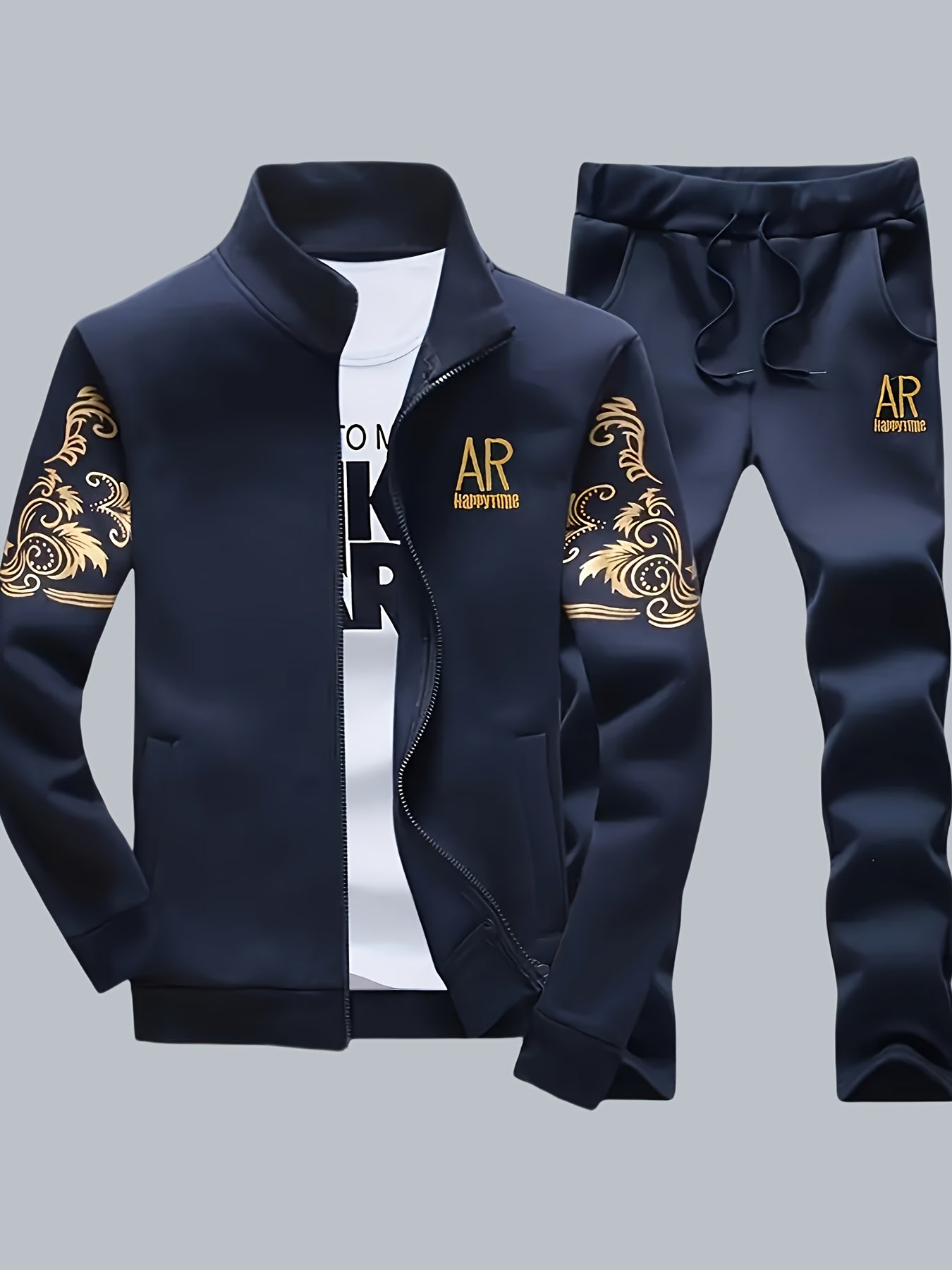 Men's Casual Athletic Set with Stand Collar Zip-Up Jacket in Black & Golden Floral Pattern and Elastic Waist Joggers in Polyester, suitable for Running and Home Lounging.