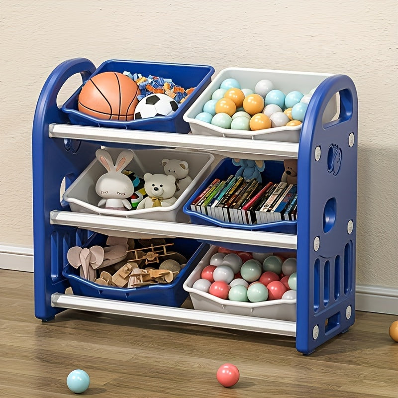 Home storage rack with 6 boxes for easy organization of clothes, toys, books, and other items. Simple installation.