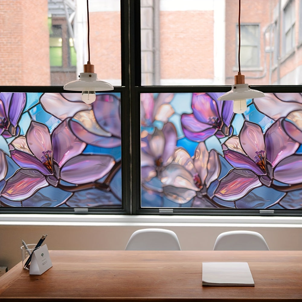 Reusable Classic Floral Stained Glass Window Film with Static Cling - Perfect for Home Office, Living Room, Kitchen, and More! Rectangular Shape, Dull Finish, 11mil Thickness.