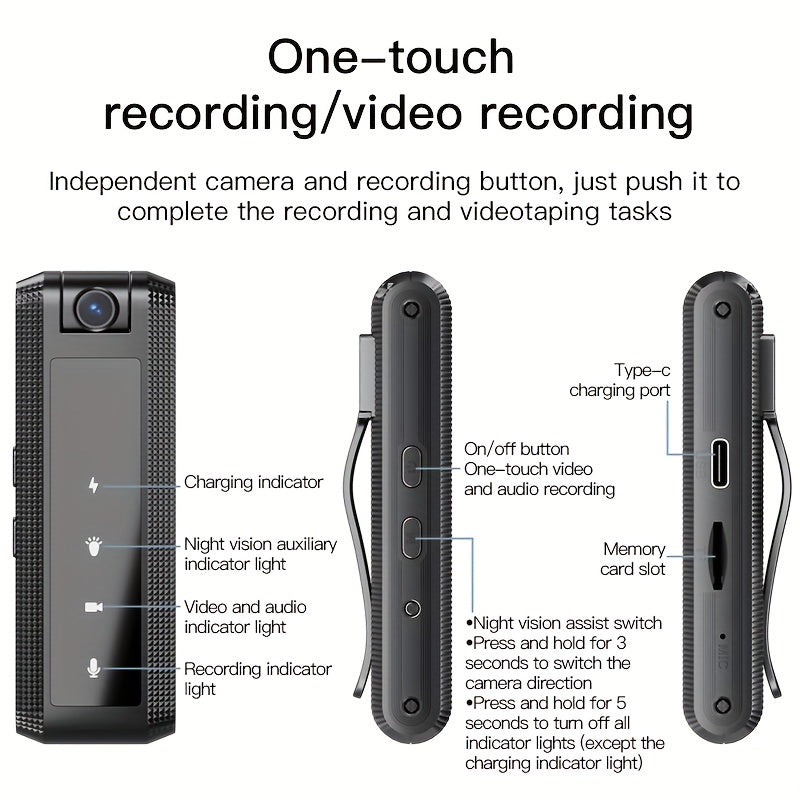 Compact black digital video camera with audio recording, 1080P full HD, night vision, manual focus, rechargeable battery/USB power, TF card slot, ideal for business meetings and outdoor use.