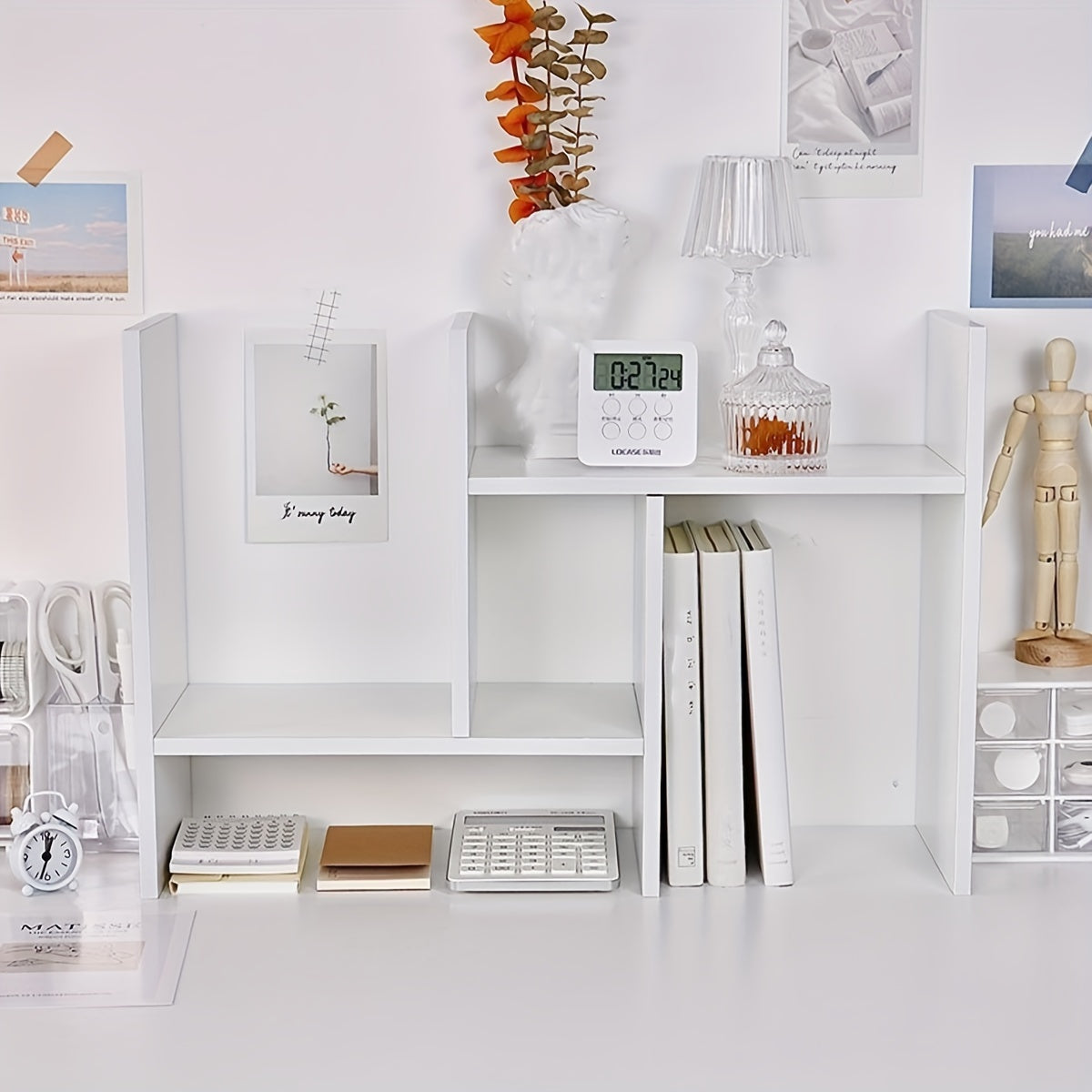 White wooden desk organizer with bookshelf for office and dorm storage; keeps workspace tidy.