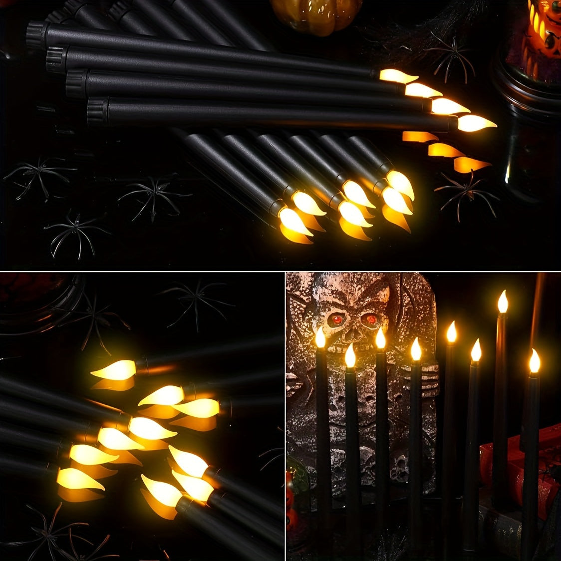 Battery operated flickering LED taper candles in a 6-pack for indoor seasonal celebrations. Plastic jars with switchable AAA battery operation (batteries not included).