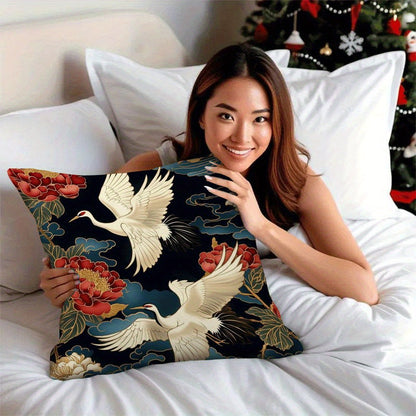 Elevate your home décor with this 2-pack of modern floral and cranes design short plush pillow covers, measuring 45.72x45.72 cm each. These zippered cushion cases are made from machine washable flannel fabric, perfect for all seasons. Add a touch of