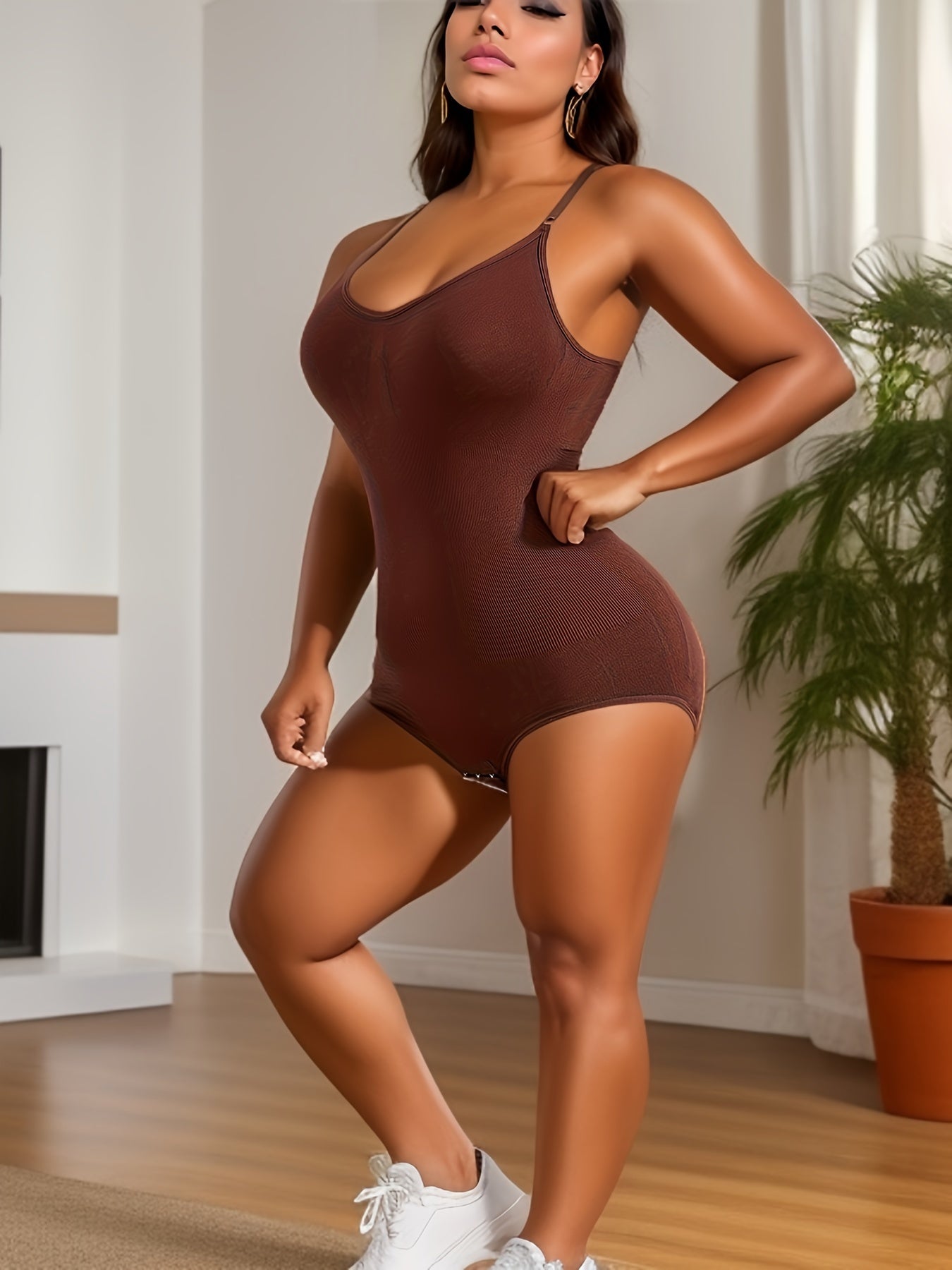 Women's Slimming Body Shaper Jumpsuit in Brown, sizes XS-XXL. Tummy control, hip lifting, elastic waist. Soft nylon blend, hand wash or dry clean. Comfortable and durable shapewear.