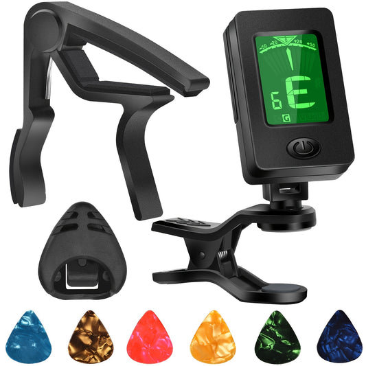 Guitar tuner with picks, capo, quick-release clip-on tuner for guitar, violin, bass, ukulele.