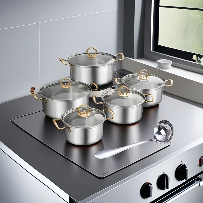 Durable Stainless Steel Soup Pot Set with Golden Soup Spoon Included. Makes a Great Household Gift Set for Cooking in the Kitchen, Perfect for Making Soups and Milk.