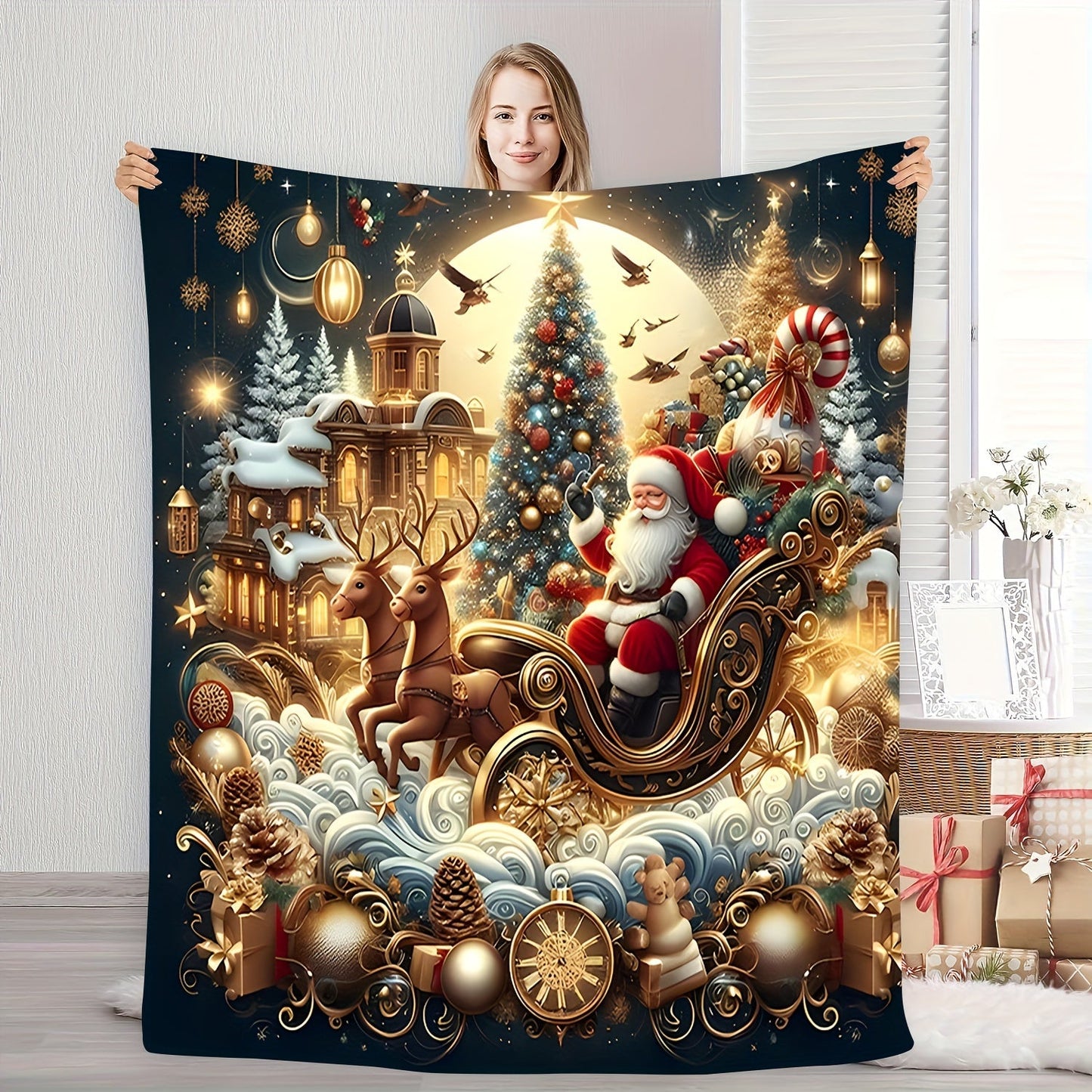 Vintage Style Christmas Santa Sleigh and Tree Flannel Fleece Throw Blanket - Soft, Cozy, Perfect for Sofa, Bed, Office, or Travel - All-Season Multipurpose Gift, Easy to Clean, Durable, Polyester Material, Quilted Design, Lightweight and Warm.