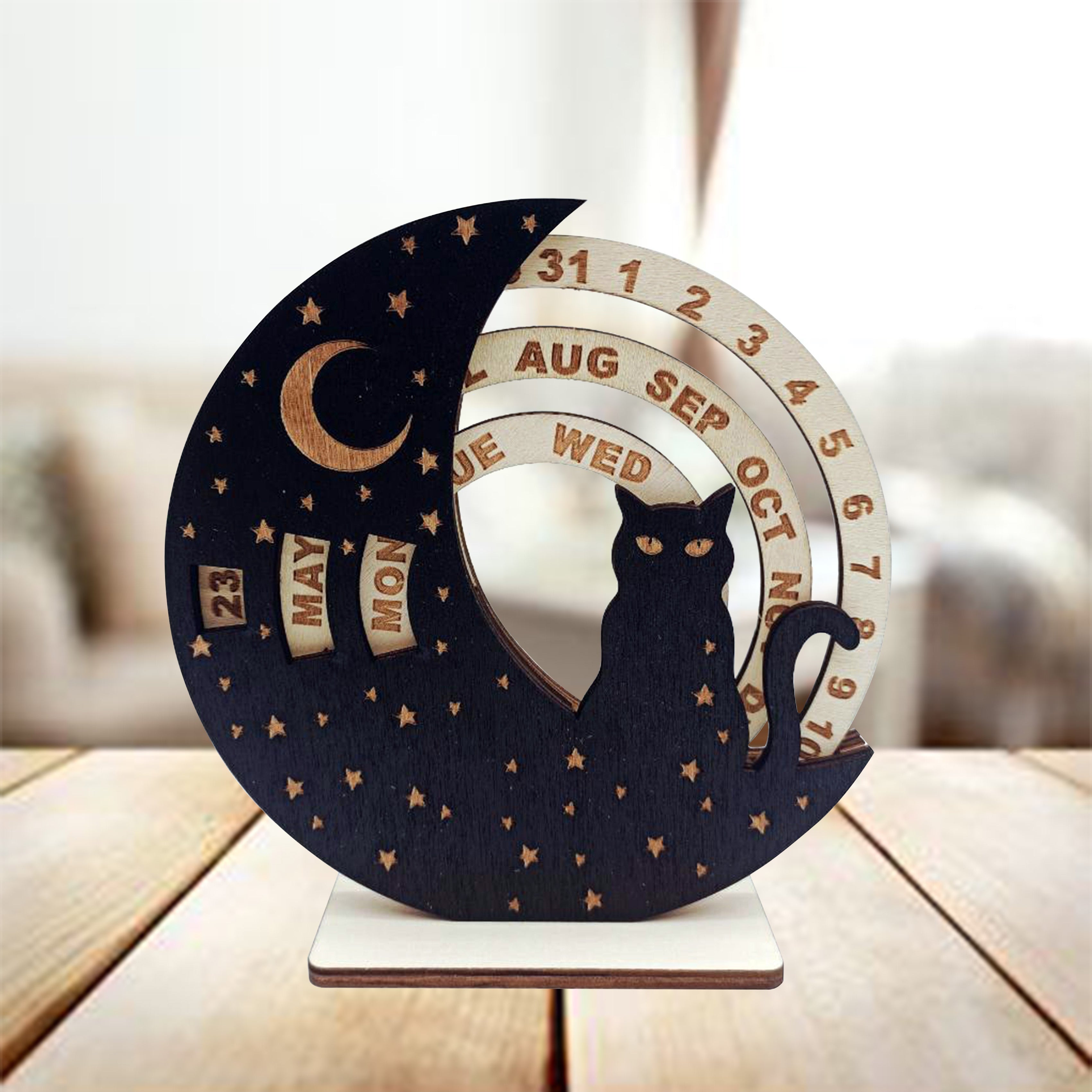 2023 Rustic Wooden Moon Wolf & Cat Calendar with Pine Tree & Star Design, No Electricity Needed, Perfect for Home Décor & Holidays, Wolf-Themed