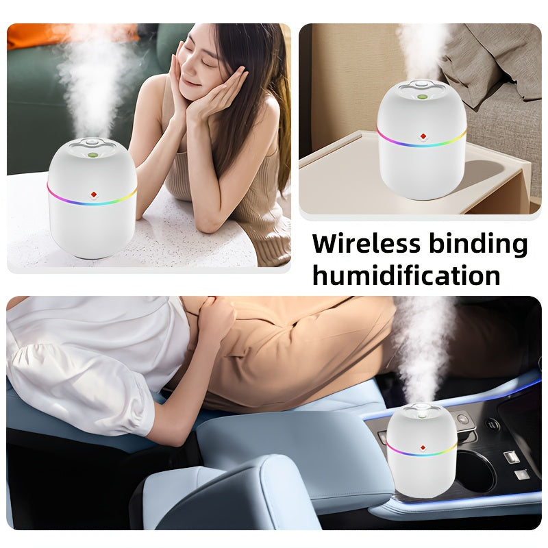 Portable USB aromatherapy humidifier with colorful lamp for bedroom, living room, office, and car. Operates at ≤36V without the need for batteries.