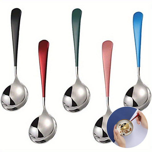 5 Stainless Steel Soup Spoons with Thick Modern Handles for Soup, Cereal, Dessert, Milk, Tea, and Coffee