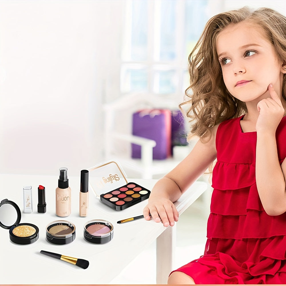 Children's pretend makeup set with 10pcs including mirror, eye shadow palette, lipstick, and powder compact. Perfect for birthday parties and makeovers. Ideal gift for little girls