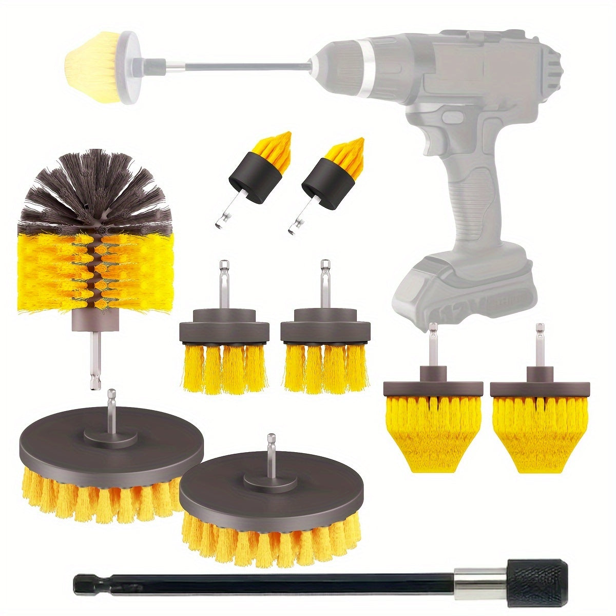 Get a package of Drill Brush Attachments with Cleaning Pads in sets of 3, 8, 10, 13, or 16. This Multi-Purpose Electric Scrubber is perfect for use in bathrooms, on floors, tiles, grout, and for car detailing.