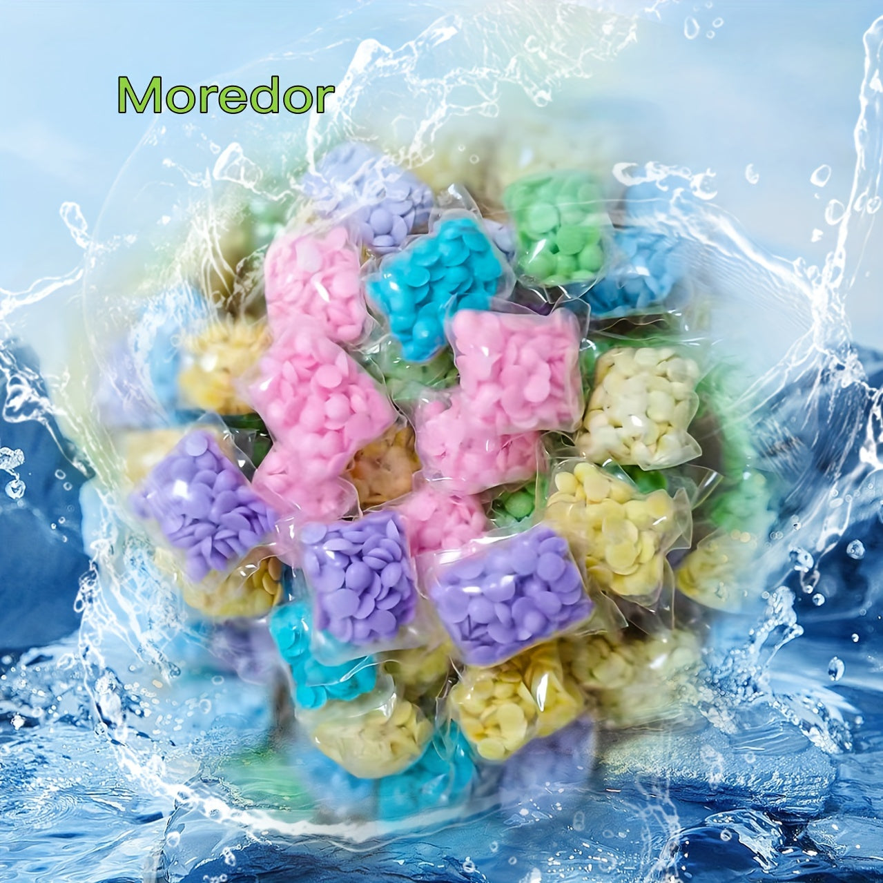 Laundry scent beads with double fragrance for odor removal and long-lasting freshness in commercial laundry rooms.