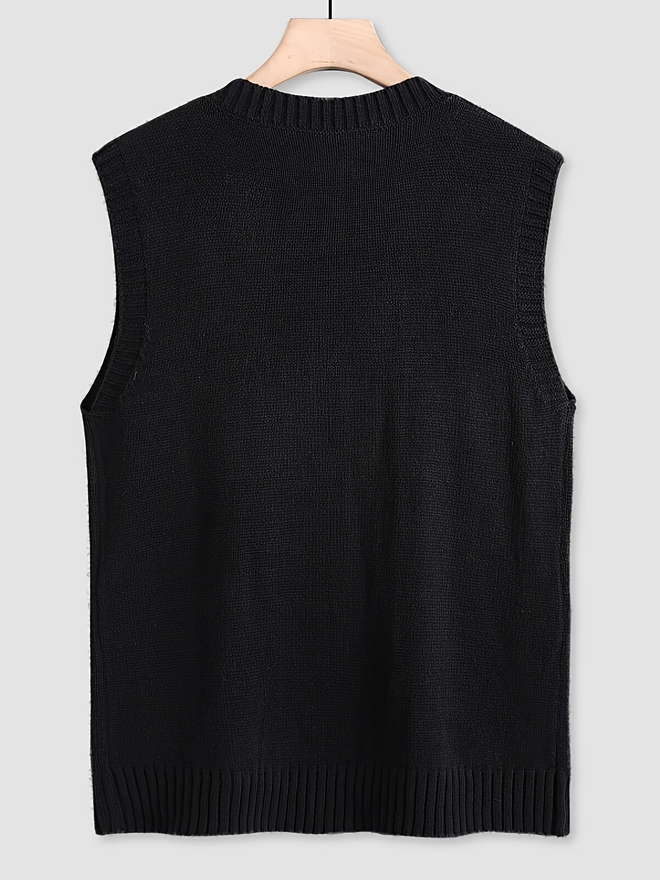 Men's lightweight black cable knit sweater vest is a casual V-neck, sleeveless pullover made from acrylic fabric, suitable for spring/autumn. Also available in plus size.