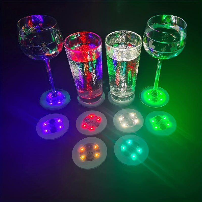 LED Coaster Stickers in sets of 1, 5, or 10 to decorate drinking glass cups, wine bottles, and liquor bottles for party lighting.