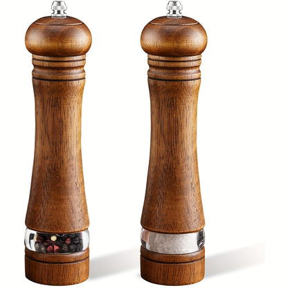 Classic Wooden Salt & Pepper Grinder Set - Manual with Adjustable Ceramic Rotor & Acrylic Window, 8-Inch - Ideal for Culinary Enthusiasts.