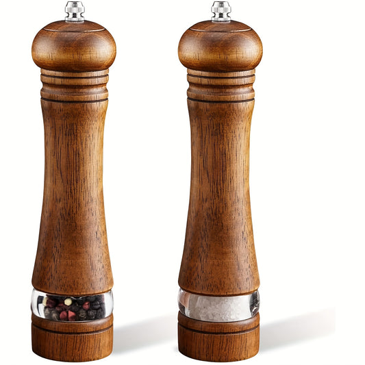 Classic Wooden Salt & Pepper Grinder Set - Manual with Adjustable Ceramic Rotor & Acrylic Window, 8-Inch - Ideal for Culinary Enthusiasts.