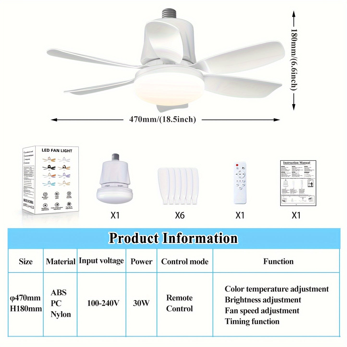 Modern dimmable LED ceiling fan light with remote, multi-speed fan with 3 color options. Easy install with E26/E27 base, hard-wired for various rooms, no battery needed.