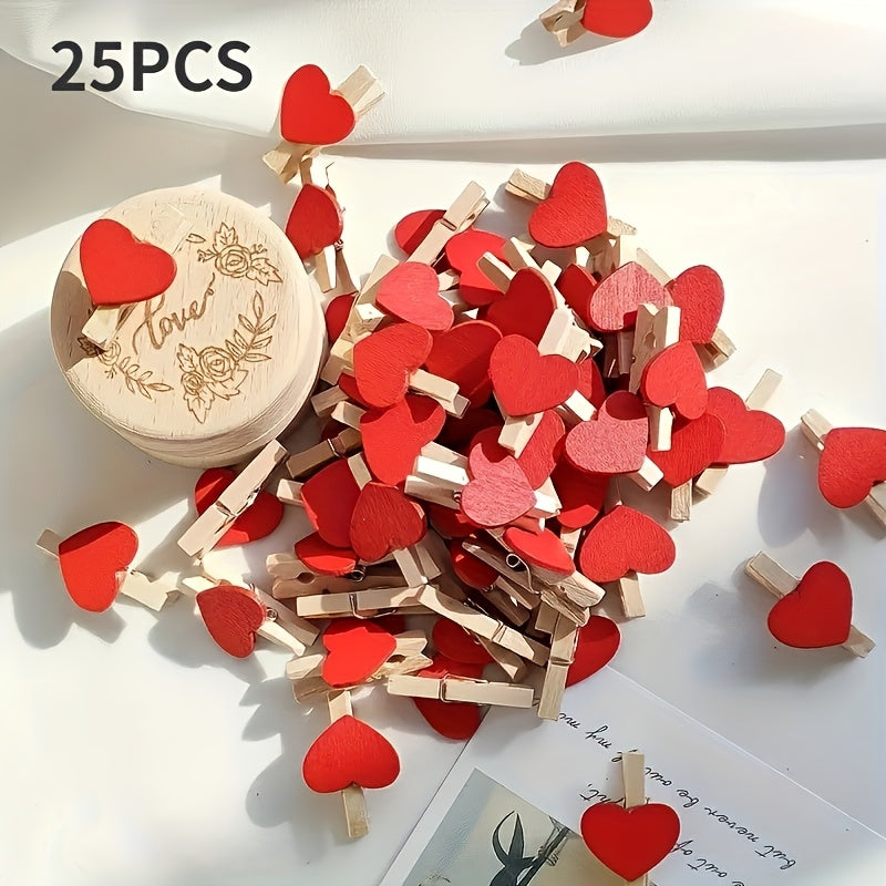 25 red heart wooden clothespin clips for photos, paper, or postcards, ideal for home decor or wedding stationery.