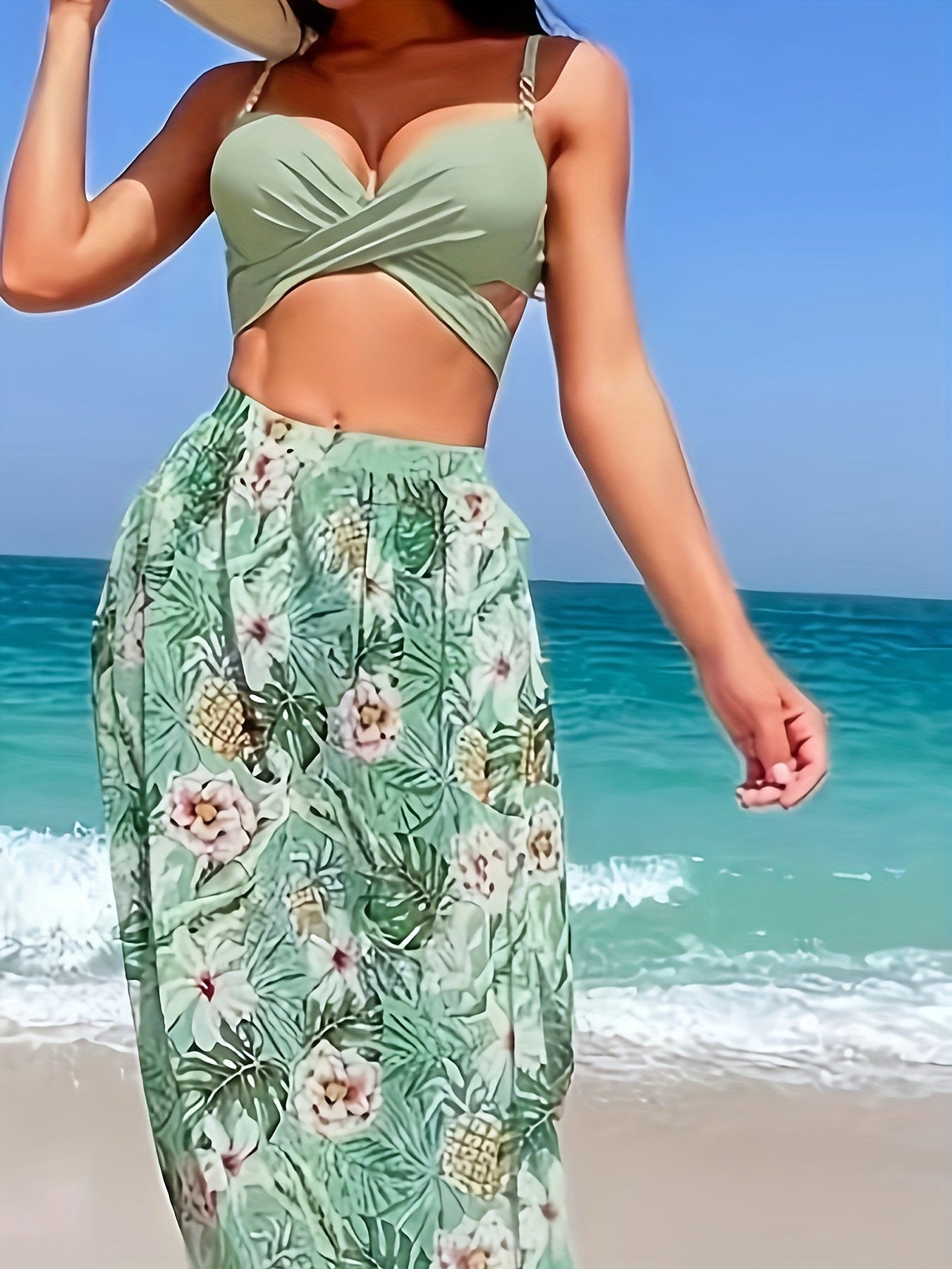 Green Flower Split Swimsuit