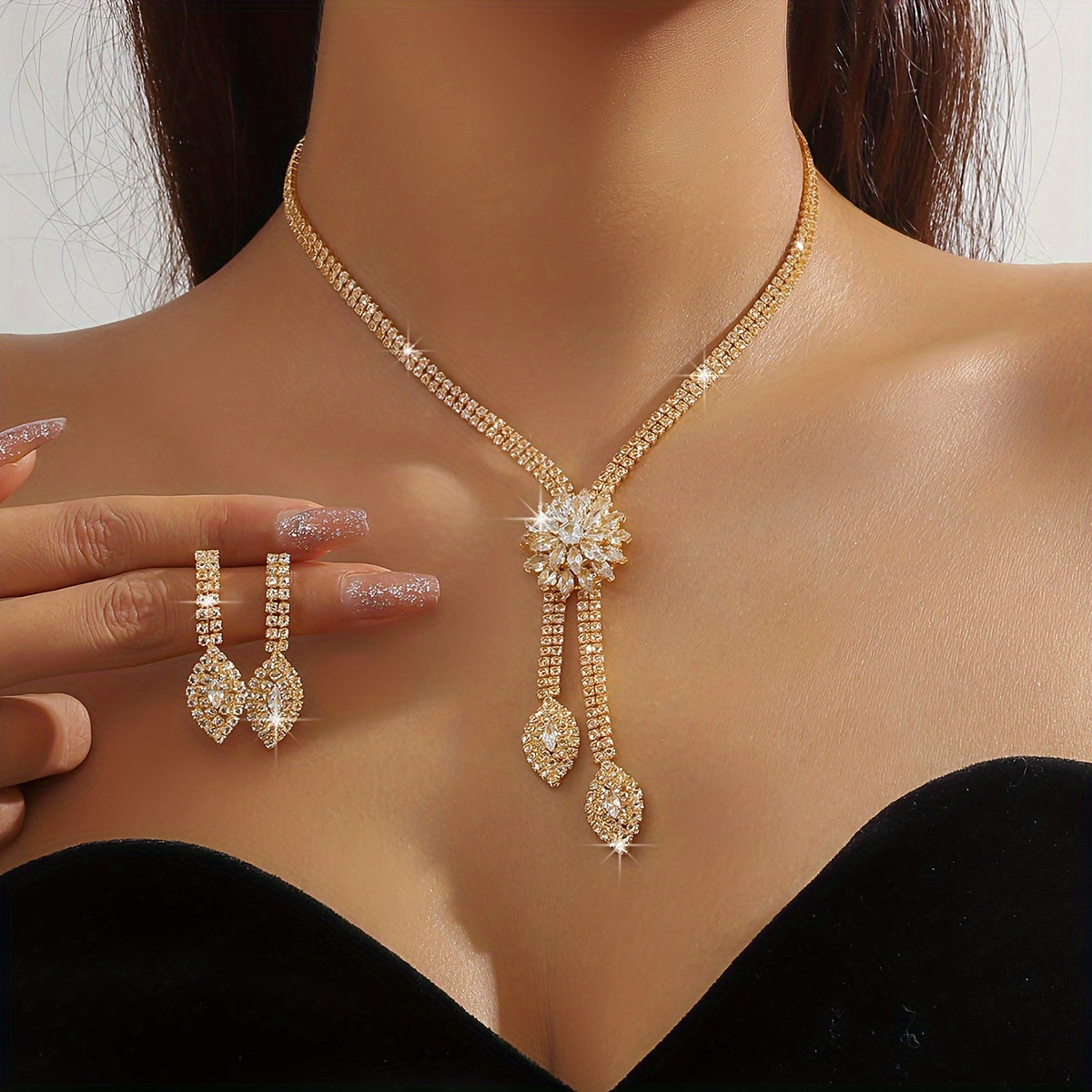 Trendy Imitation Zirconia Flower Jewelry Set, including Necklace and Earrings or Necklace, Earrings, and Bracelet. Perfect for a glamorous bride or special occasion. Accessorize with luxury at weddings or banquets.