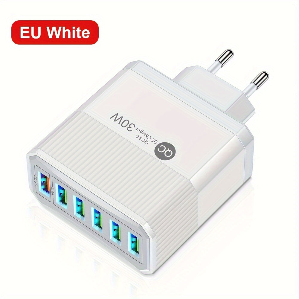 6-port USB wall adapter with 30W fast charging and QC 3.0, EU plug - ideal for mobile devices.