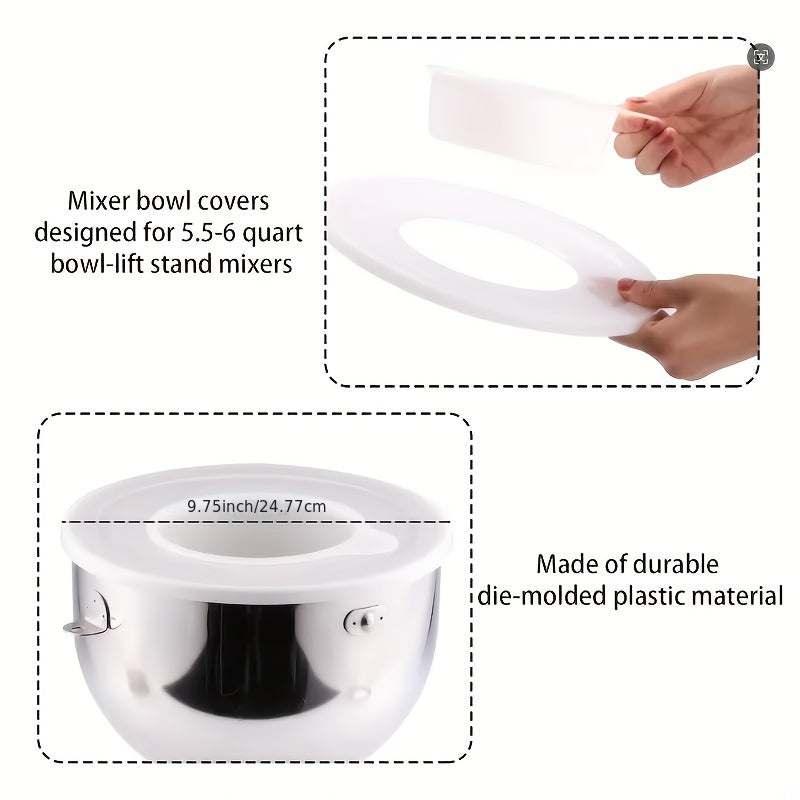 Set of 2 Plastic Mixer Bowl Covers and Sliding Mat, Safe for Contact with Food, Designed for 5.5-6 Quart Tilt-Head Stand Mixers. Includes Bowl Lid to Prevent Splatters and Sliding Pad for Quiet Operation and Table Protection.