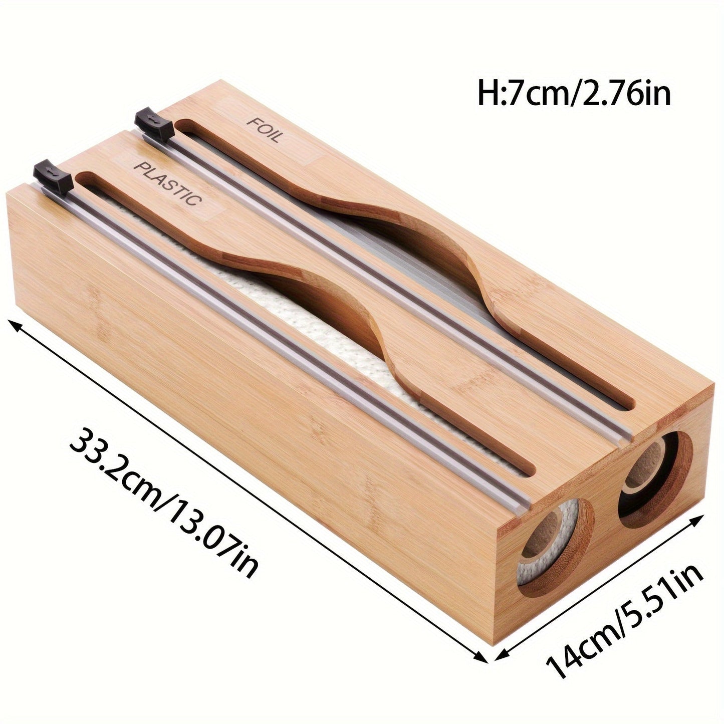 Bamboo 2-in-1 Kitchen Wrap Dispenser with Slide Cutter and Dual Slots Storage Organizer for Plastic Film, Suitable for Kitchen Drawer, Cabinet, Shelf, and Counter. Ideal for Organizing Kitchen Accessories and Storage.