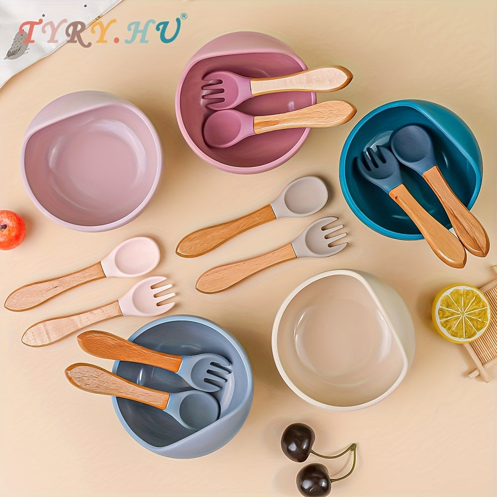 TYRY.HU Baby Feeding Set includes a Silicone Bowl, Spoon, and Fork with Suction feature. This set is made from BPA-free materials and is perfect for baby-led weaning. These utensils are ideal for babies and toddlers in their first stage of self-feeding.