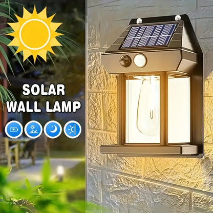 Wall lights with solar charging, auto sensor, and three lighting modes. Made of adjustable ABS material with good sealing performance. Easy installation without wiring for outdoor use.