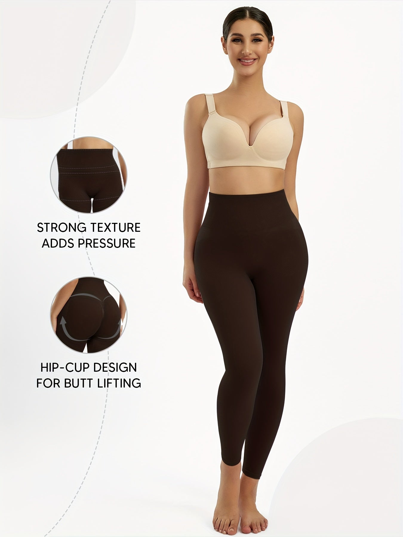 High waist shaping leggings for women, offering tummy control and butt lifting. Ideal for running, yoga, and casual wear. Brown seamless design is comfortable and breathable.