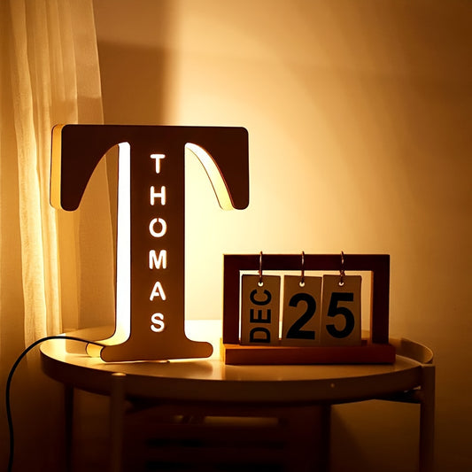 Custom LED letter night light for couples, friends, and family - personalized wooden wall lamp powered by USB. Ideal for bedroom decor with custom uppercase letters.