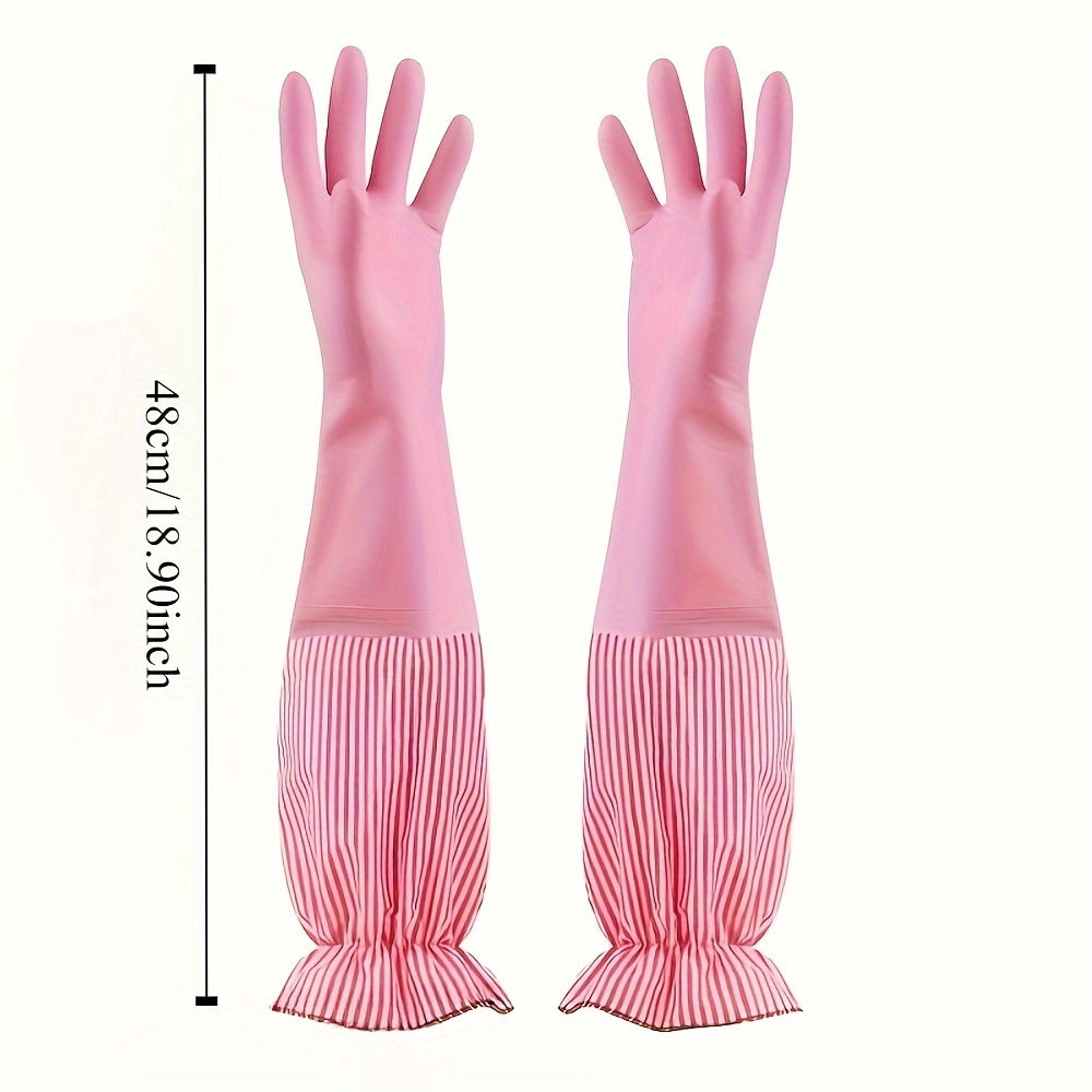 Pair of Long Velvet Household Cleaning Gloves - Waterproof, Durable for Kitchen and Laundry, Made with Lead-Free Material