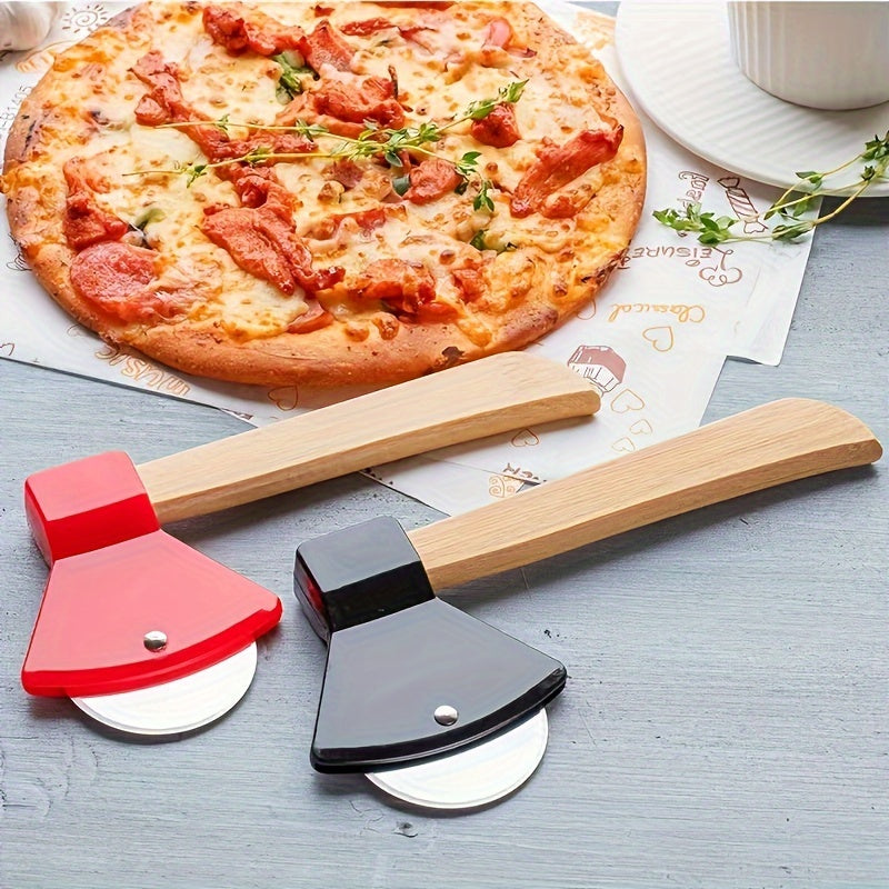 Stylish Stainless Steel Axe-Shaped Pizza Cutter - 21.08cm Single Wheel Slicer with Bamboo Handle, Versatile Kitchen & Restaurant Baking Tool, Red/Black Color