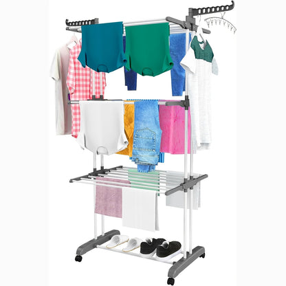 The 4-Tier Stainless Steel Clothes Drying Rack is roomy and foldable, featuring a removable hanger. Designed for easy assembly and perfect for both indoor and outdoor use. This rack is ideal for efficiently airing out clothes and shoes, doubling as a