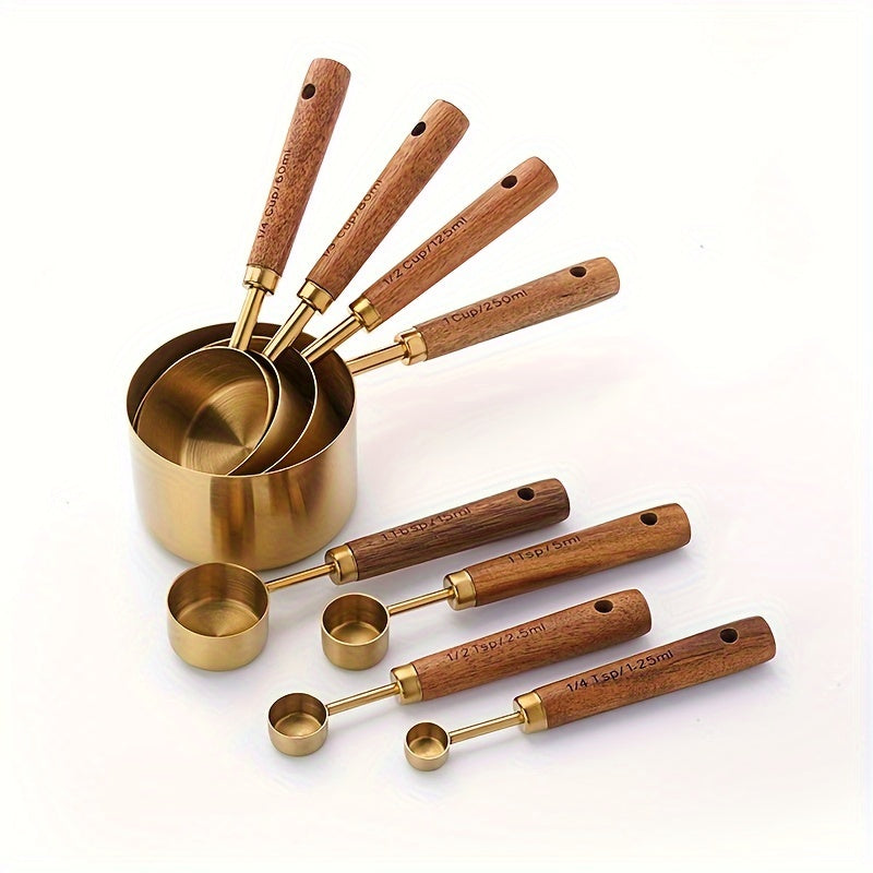 Set of 4 measuring cups and 4 measuring spoons, with both metric and US measurements. Features wood handles, high-quality stainless steel construction, golden polished surface. Ideal for measuring dry and liquid ingredients while cooking and baking.