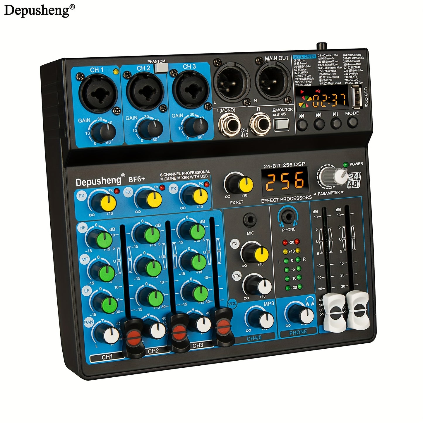 DEPUSHENG 6 Channel DJ Mixer with USB MP3 input, suitable for podcasts, studio recordings, gaming, and ambient sound.