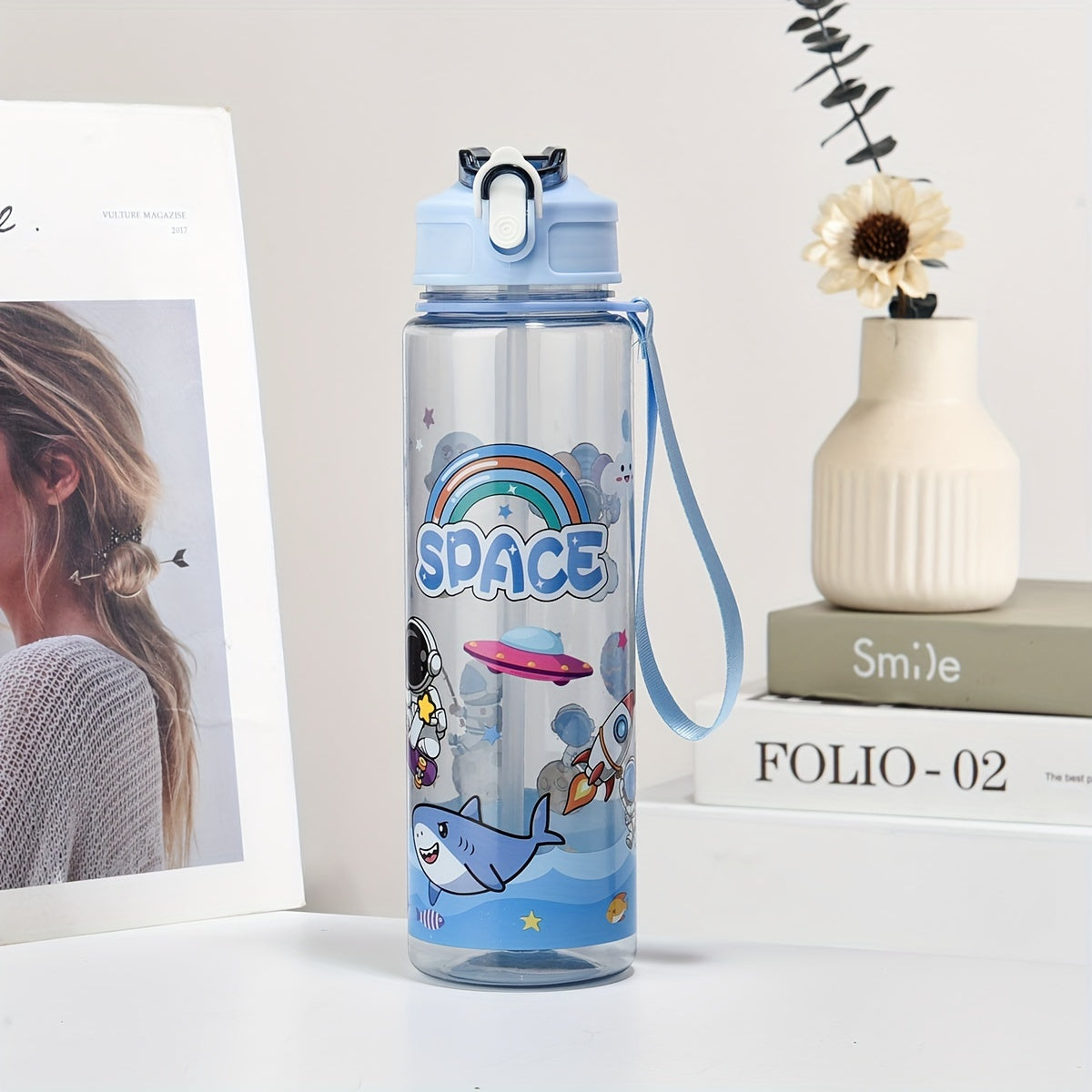 Space-themed astronaut water bottle with straw, lightweight, PVC-free, ideal for outdoor activities and back-to-school gift.