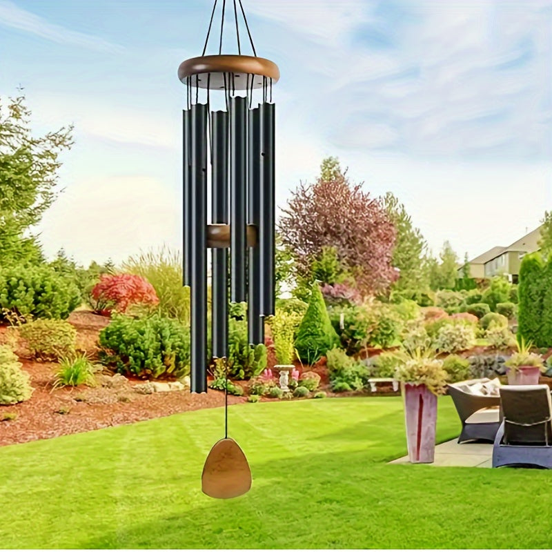 Elegant black solid wood wind chimes with aluminum tubes - perfect gift for home and garden.