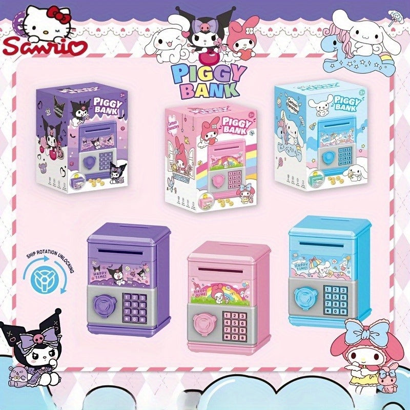 The Sanrio Mini Password Coin Bank is a high-value jar for coins and banknotes, featuring a cute cartoon design of Curly Melody with an educational self-aware password lock.