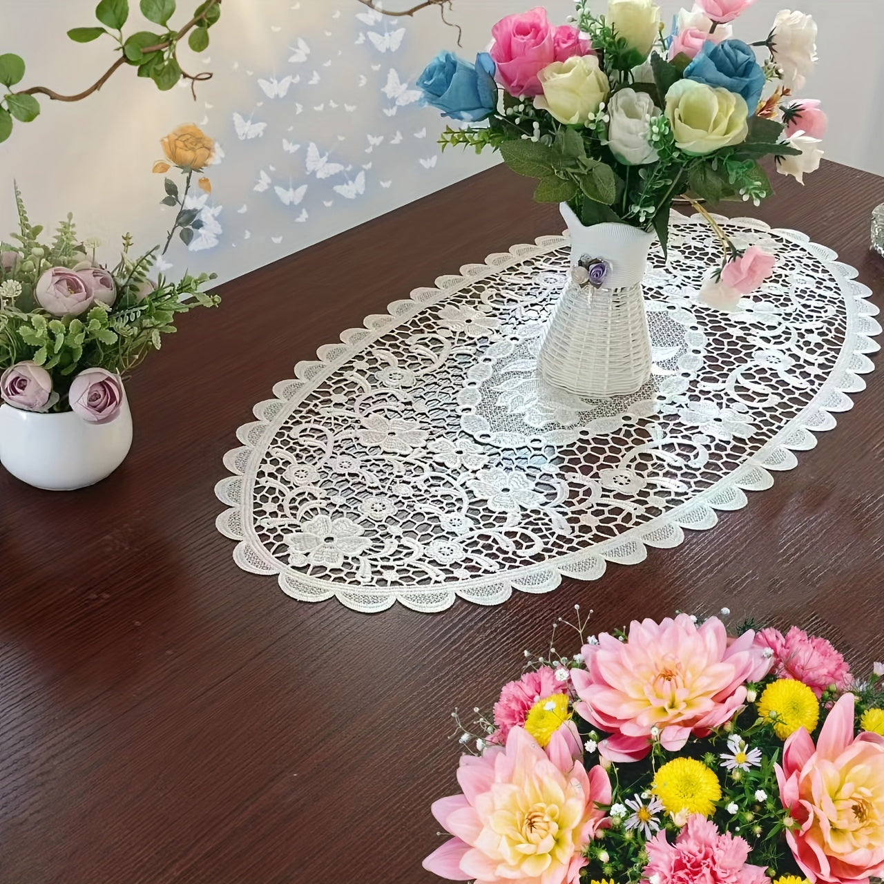 Polyester placemats with white lace embroidery, Nordic-style table decoration mat for coffee table, household bowl or plate decor, enhancing home decoration.