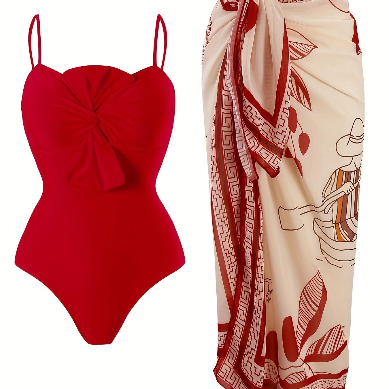 Women's vacation swimwear includes solid color two-piece and one-piece swimsuits with thin belly-controlling straps and a shaker skirt.