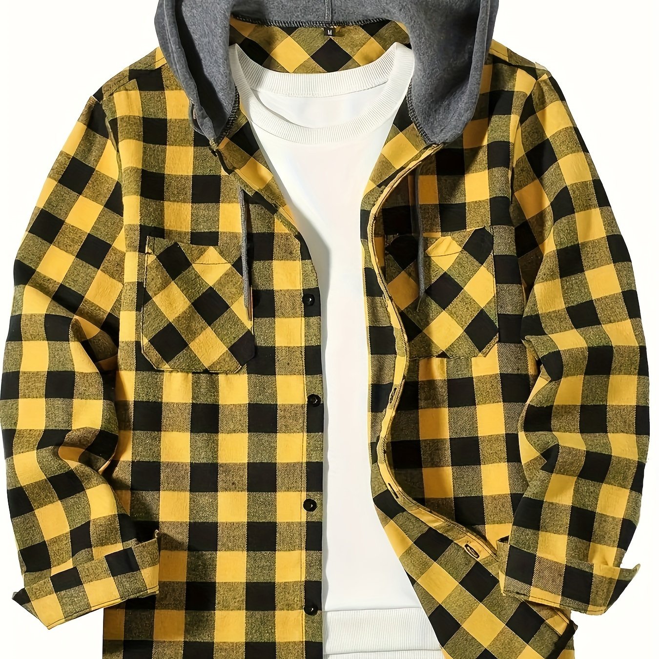 Stylish men's plaid hooded shirt with long sleeves - perfect for casual wear.